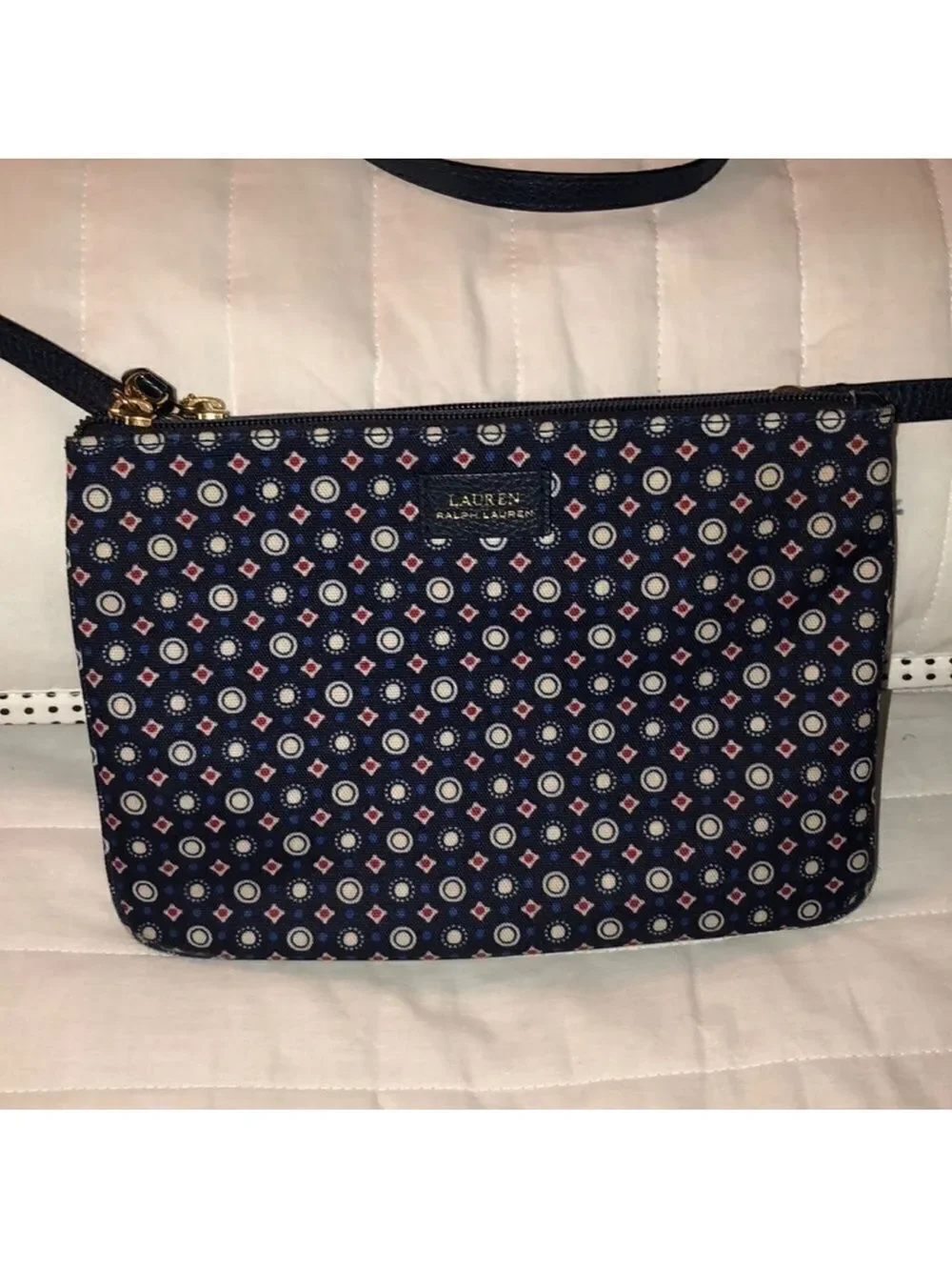 LRL Double Zip Chadwick Geo Print Canvas Faux Leather Combo Crossbody Bag